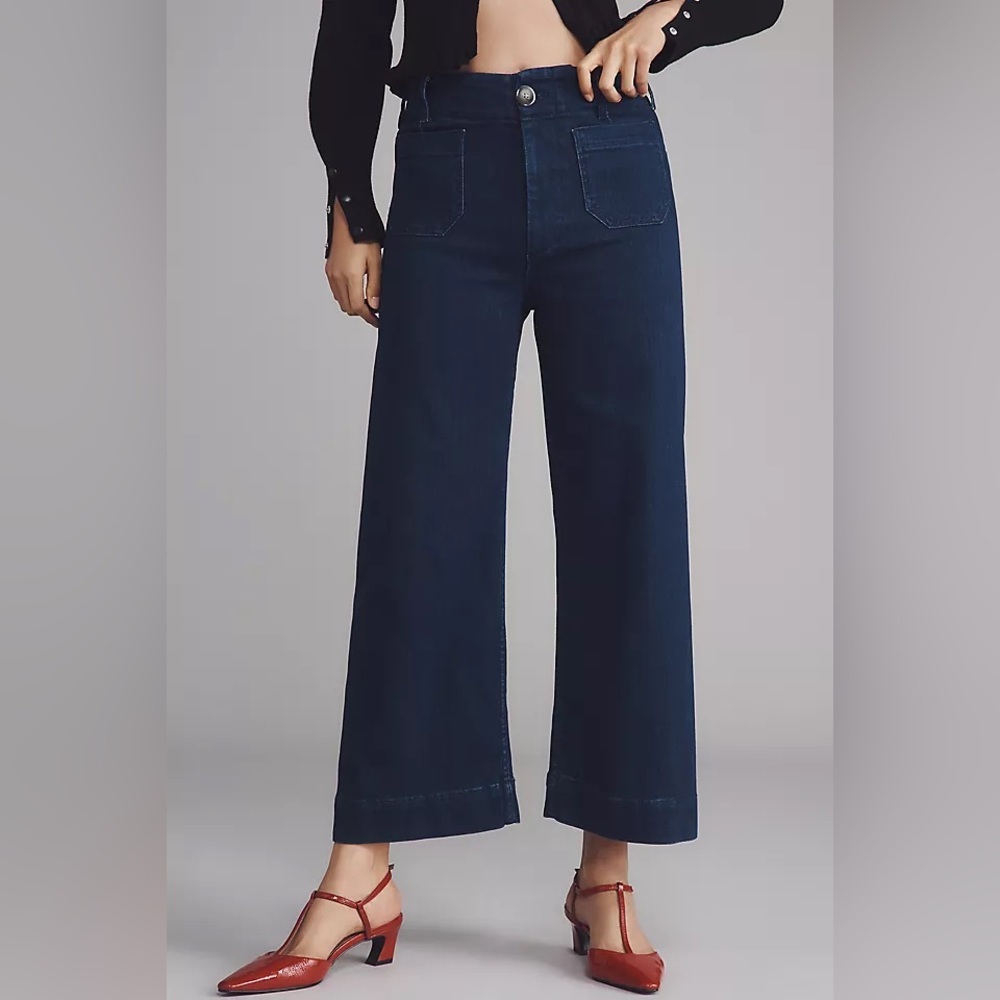 Anthropologie The Colette Crop High-Rise Wide-Leg Dark Blue Jeans by Maeve - Picture 2 of 14